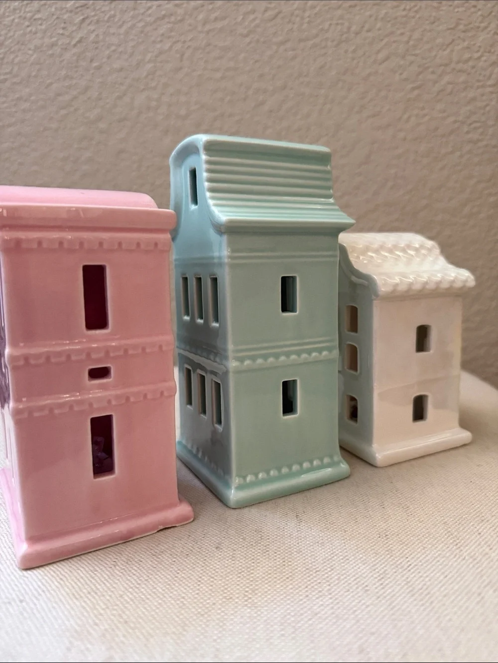 Set-of-3 Ceramic Light-up Village Pieces, 4.5”-6.25” high, bottom on/off switch